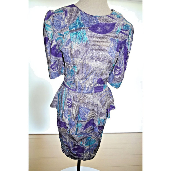 Vintage Dress Express Puff Sleeve Mini Dress – Abstract Purple Print – Size 5/6 - Picture 2 of 12